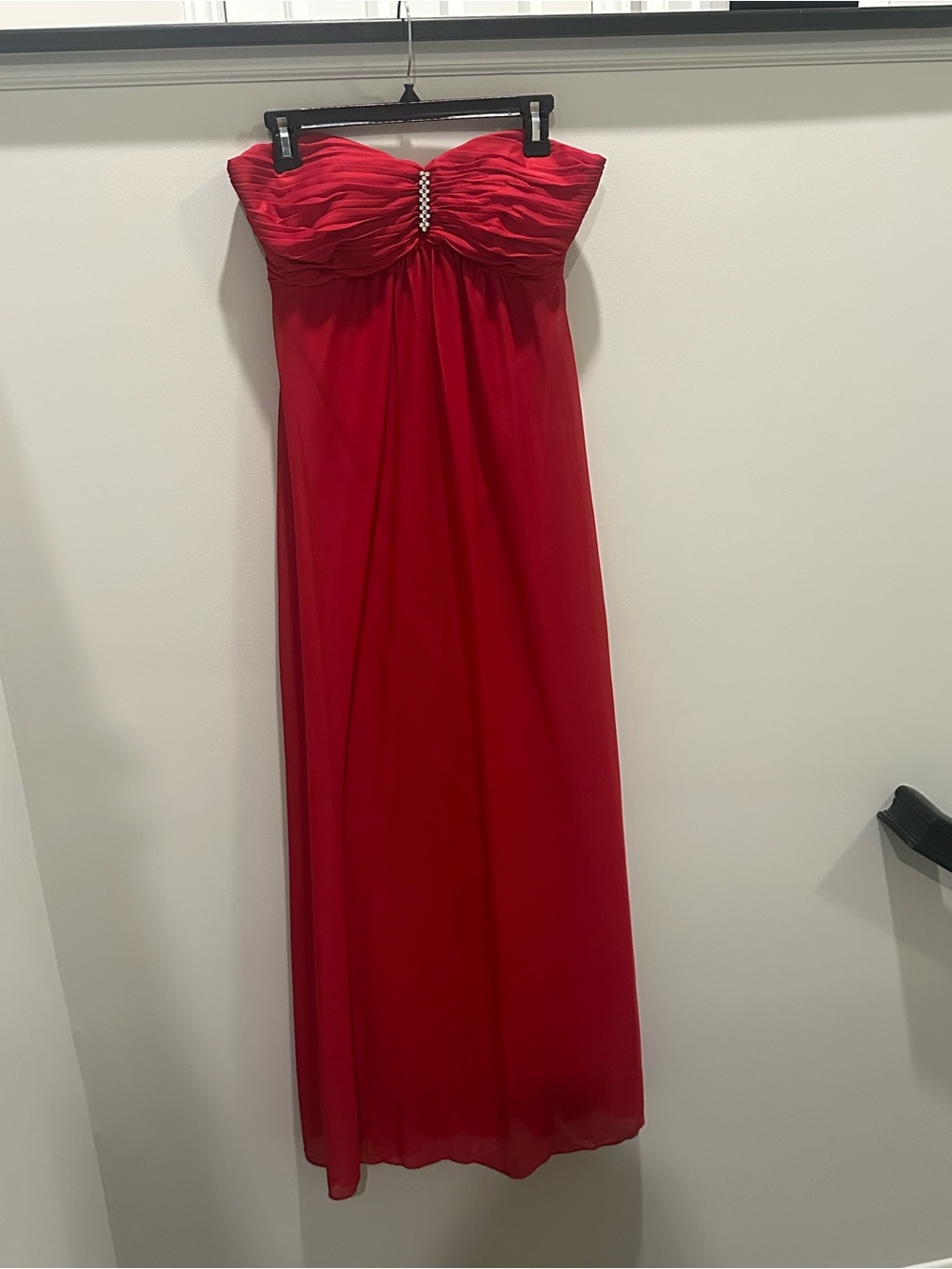 Onyx Strapless Red Evening Dress with Rhinestone Accent